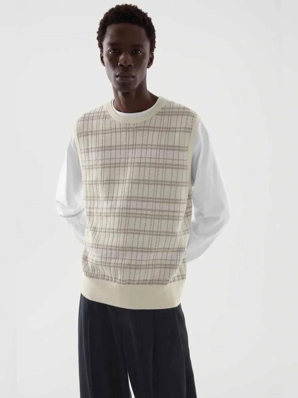 COS Cream and Light Gray Plaid Knit Sleeveless Vest